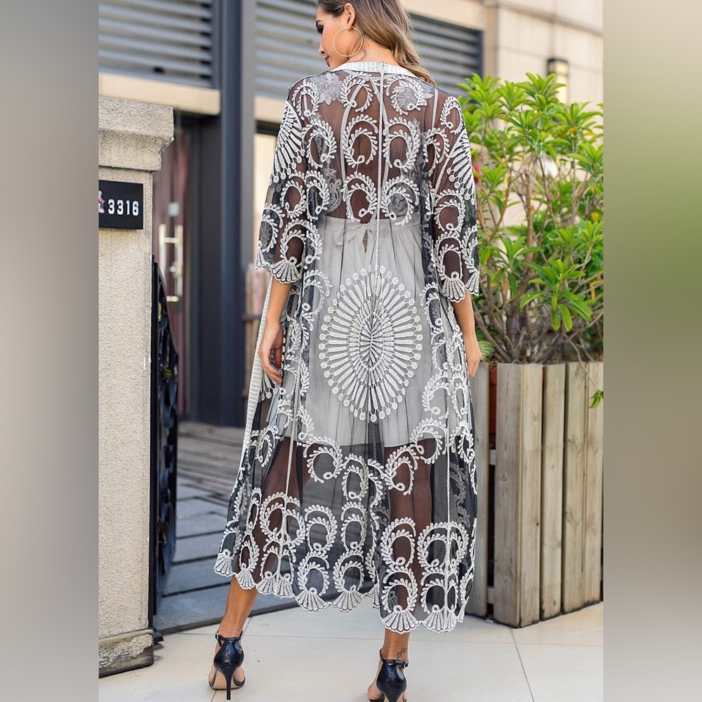 Bohemian Black and White Sheet Long Kimono Swim Cover Up